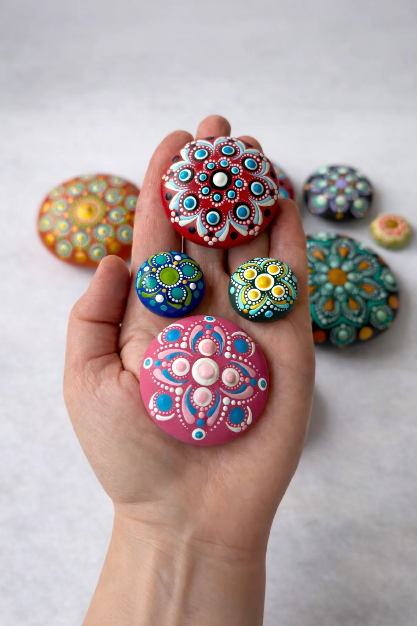 a collection of hand painted dot mandala stones